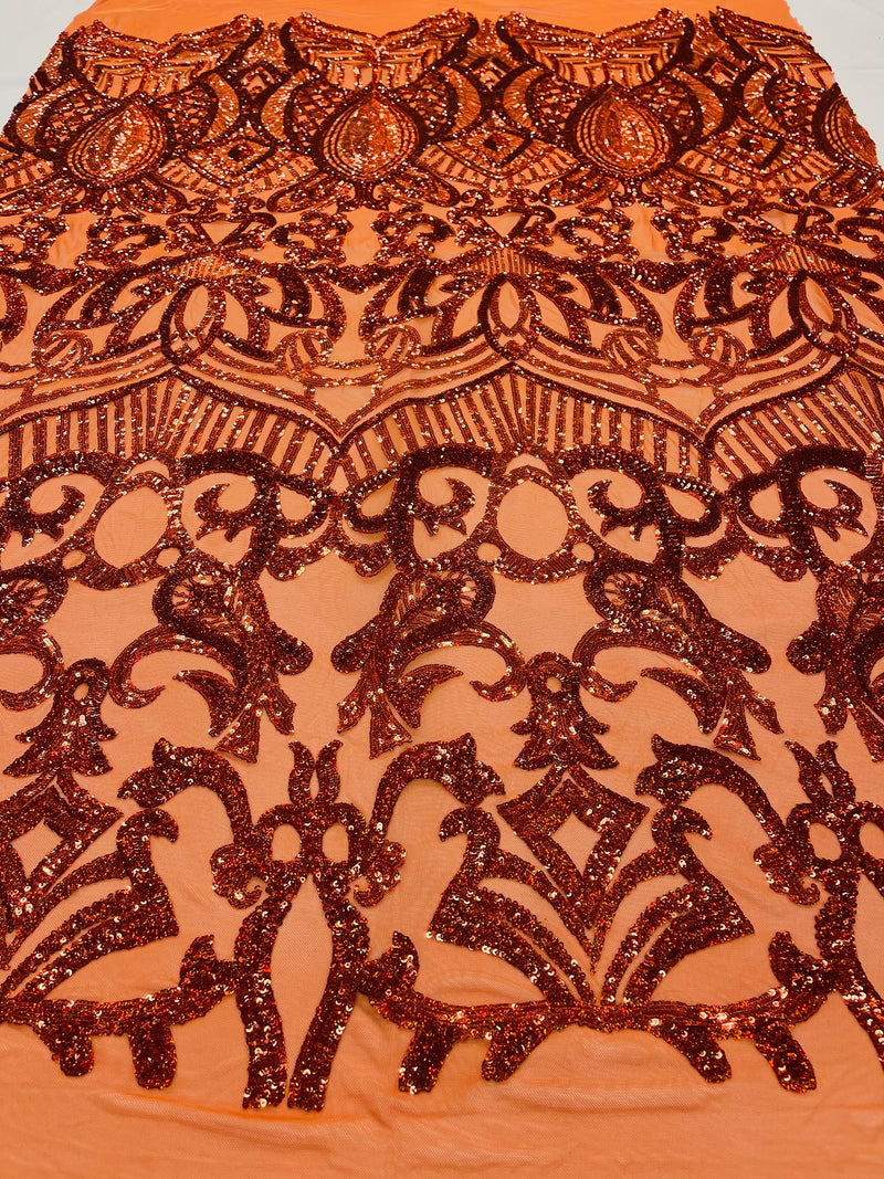 Burnt Orange Sequin - 4 Way Stretch Embroidered Royalty Sequins Fancy Design Fabric By Yard