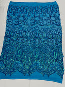 Holographic Turquoise Sequin - 4 Way Stretch Embroidered Royalty Sequins Fancy Design Fabric By Yard