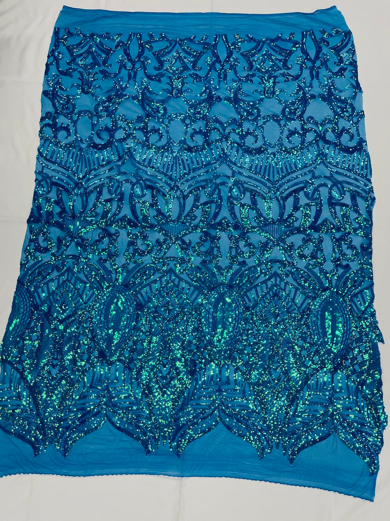 Holographic Turquoise Sequin - 4 Way Stretch Embroidered Royalty Sequins Fancy Design Fabric By Yard