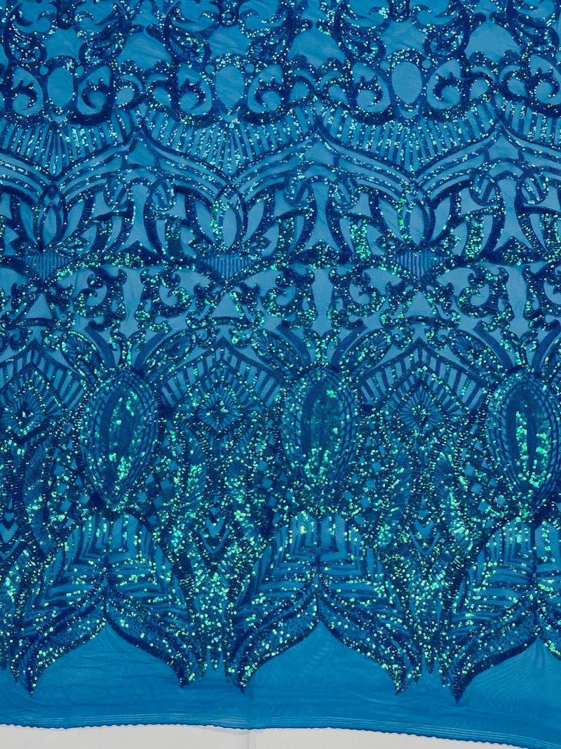 Holographic Turquoise Sequin - 4 Way Stretch Embroidered Royalty Sequins Fancy Design Fabric By Yard