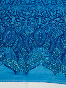Holographic Turquoise Sequin - 4 Way Stretch Embroidered Royalty Sequins Fancy Design Fabric By Yard