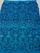 Holographic Turquoise Sequin - 4 Way Stretch Embroidered Royalty Sequins Fancy Design Fabric By Yard