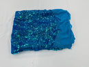 Holographic Turquoise Sequin - 4 Way Stretch Embroidered Royalty Sequins Fancy Design Fabric By Yard