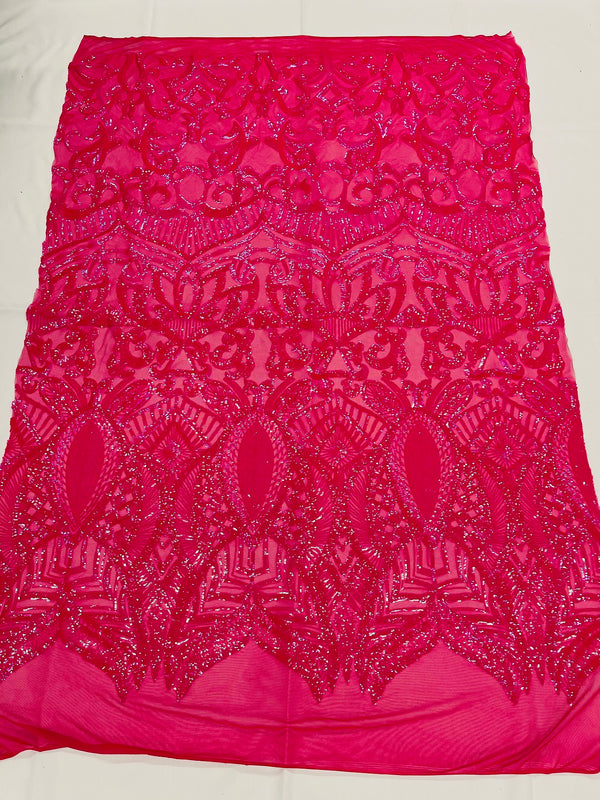 Holographic Neon Pink Sequins - 4 Way Stretch Embroidered Royalty Sequins Fancy Design Fabric By Yard