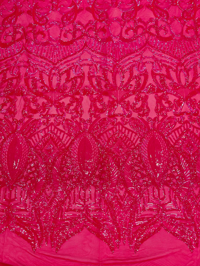 Holographic Neon Pink Sequins - 4 Way Stretch Embroidered Royalty Sequins Fancy Design Fabric By Yard