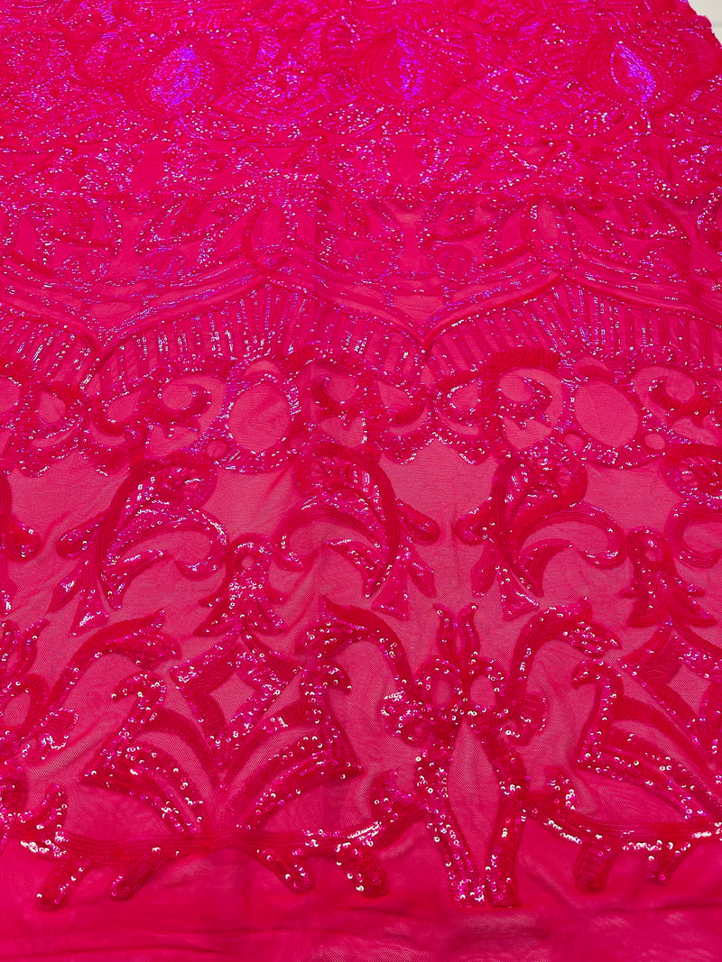 Holographic Neon Pink Sequins - 4 Way Stretch Embroidered Royalty Sequins Fancy Design Fabric By Yard