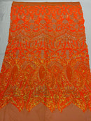 Black Sequins - 4 Way Stretch Embroidered Royalty Sequins Fancy Design Fabric By Yard