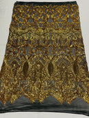 Yellow Gold Sequin - 4 Way Stretch Embroidered Royalty Sequins Fancy Design Fabric By Yard