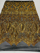 Yellow Gold Sequin - 4 Way Stretch Embroidered Royalty Sequins Fancy Design Fabric By Yard