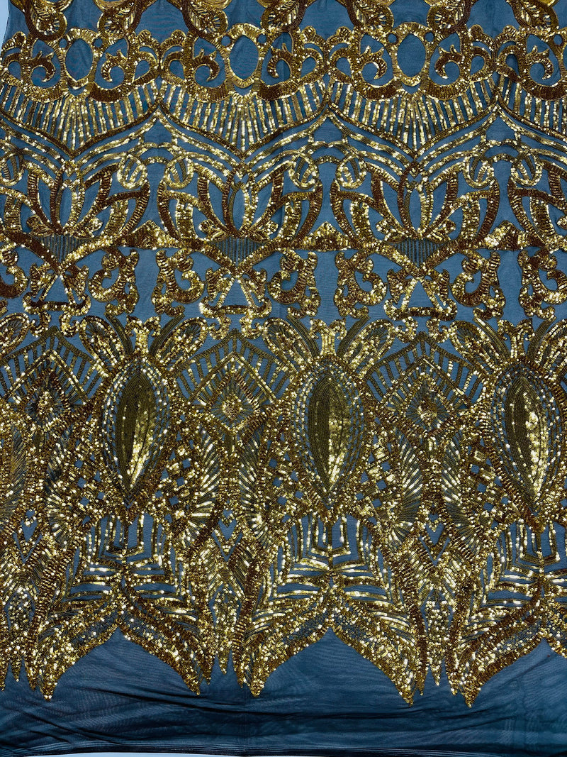 Yellow Gold Sequin - 4 Way Stretch Embroidered Royalty Sequins Fancy Design Fabric By Yard