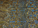 Yellow Gold Sequin - 4 Way Stretch Embroidered Royalty Sequins Fancy Design Fabric By Yard