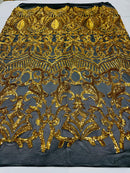Yellow Gold Sequin - 4 Way Stretch Embroidered Royalty Sequins Fancy Design Fabric By Yard