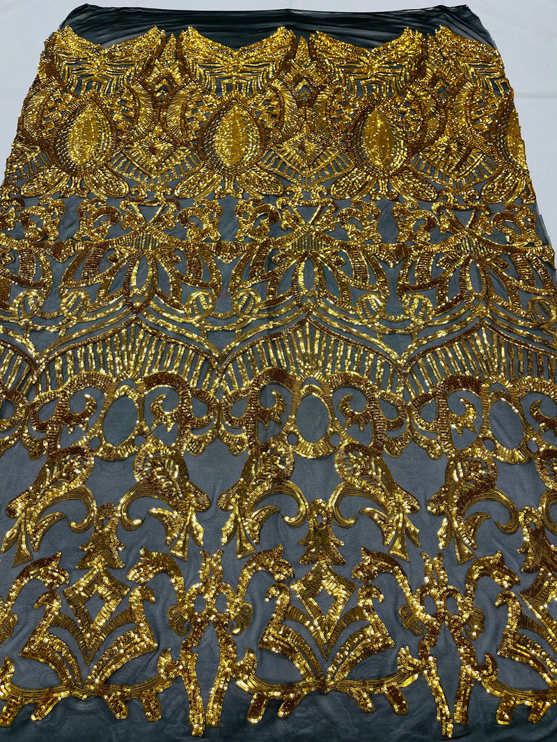 Yellow Gold Sequin - 4 Way Stretch Embroidered Royalty Sequins Fancy Design Fabric By Yard