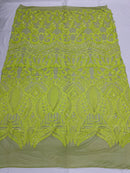 Neon Green Sequins - 4 Way Stretch Embroidered Royalty Sequins Fancy Design Fabric By Yard