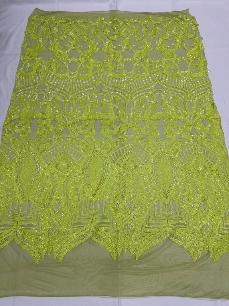 Neon Green Sequins - 4 Way Stretch Embroidered Royalty Sequins Fancy Design Fabric By Yard