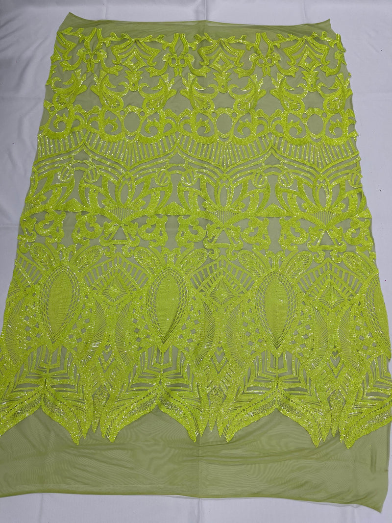 Neon Green Sequins - 4 Way Stretch Embroidered Royalty Sequins Fancy Design Fabric By Yard