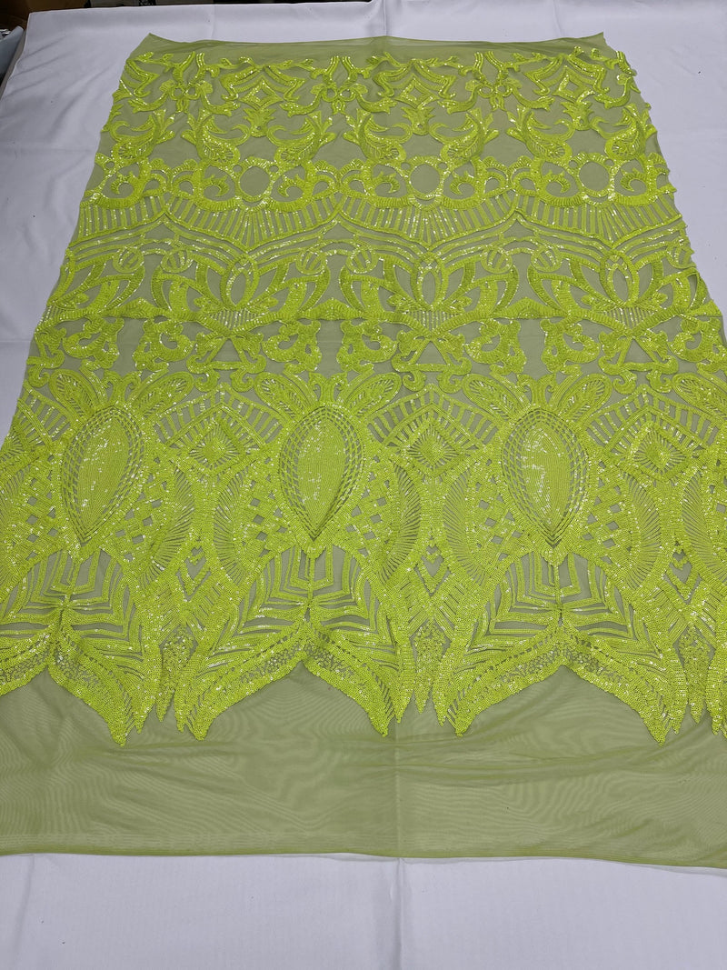 Neon Green Sequins - 4 Way Stretch Embroidered Royalty Sequins Fancy Design Fabric By Yard