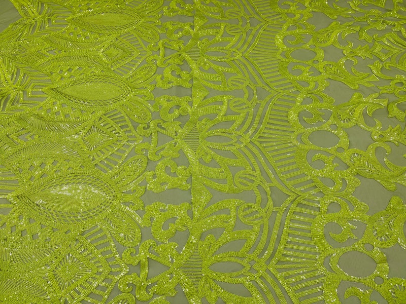 Neon Green Sequins - 4 Way Stretch Embroidered Royalty Sequins Fancy Design Fabric By Yard