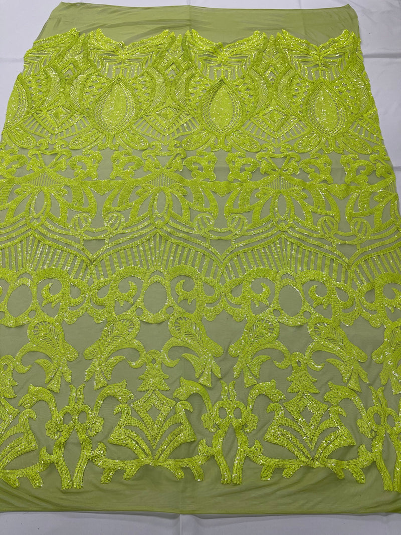 Neon Green Sequins - 4 Way Stretch Embroidered Royalty Sequins Fancy Design Fabric By Yard