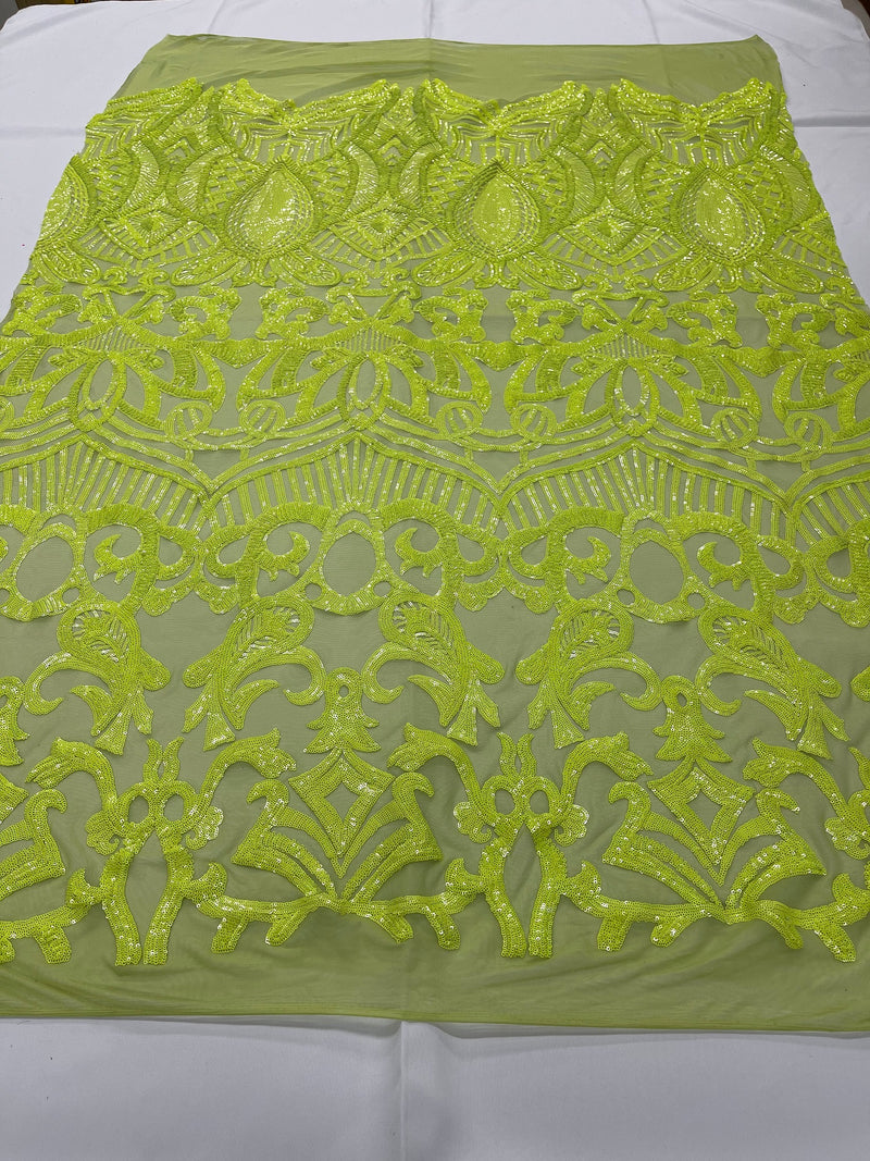 Neon Green Sequins - 4 Way Stretch Embroidered Royalty Sequins Fancy Design Fabric By Yard