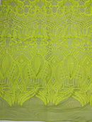 Neon Green Sequins - 4 Way Stretch Embroidered Royalty Sequins Fancy Design Fabric By Yard