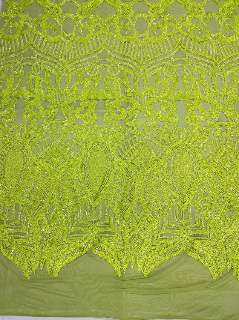 Neon Green Sequins - 4 Way Stretch Embroidered Royalty Sequins Fancy Design Fabric By Yard