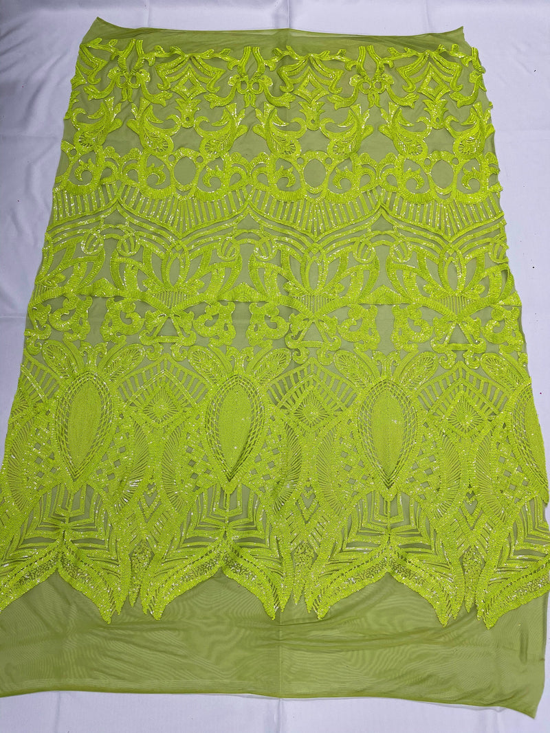 Neon Green Sequins - 4 Way Stretch Embroidered Royalty Sequins Fancy Design Fabric By Yard