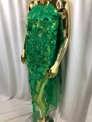 Green 3D Floral Design Embroider With Pearls On A Mesh Lace Dresses-Prom-Nightgown By Yard