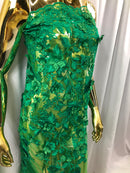 Green 3D Floral Design Embroider With Pearls On A Mesh Lace Dresses-Prom-Nightgown By Yard