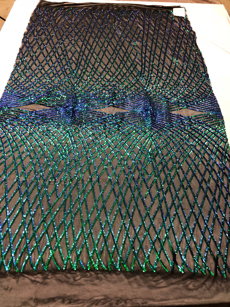4 Way Stretch Sequins Geometric Fabric Iridescent Green Lace Fabric Dress-Fashion-Prom By The Yard