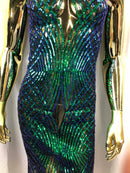 4 Way Stretch Sequins Geometric Fabric Iridescent Green Lace Fabric Dress-Fashion-Prom By The Yard