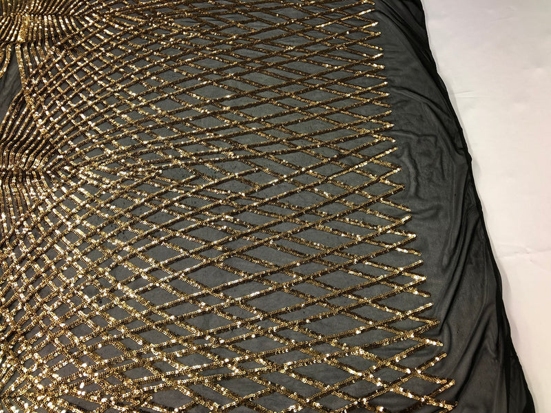 4 Way Stretch Sequins Geometric Fabric - Black and Gold - Lace Fabric