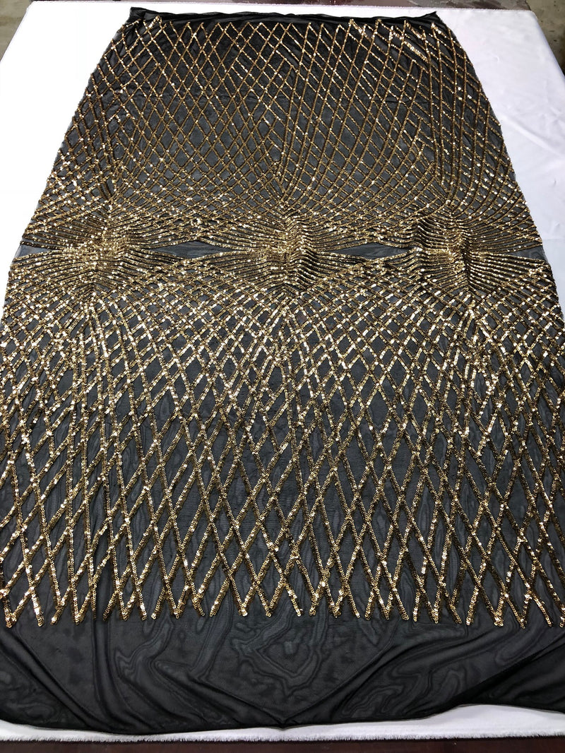4 Way Stretch  Sequins Geometric Fabric - Black and Gold -  Lace Fabric Dress Fashion By The Yard