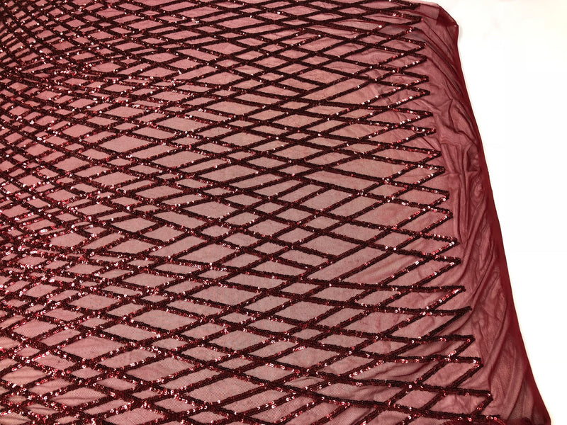 4 Way Stretch Sequins Geometric Fabric Burgundy Lace Mesh Dress Fashion Design Fabrics By The Yard
