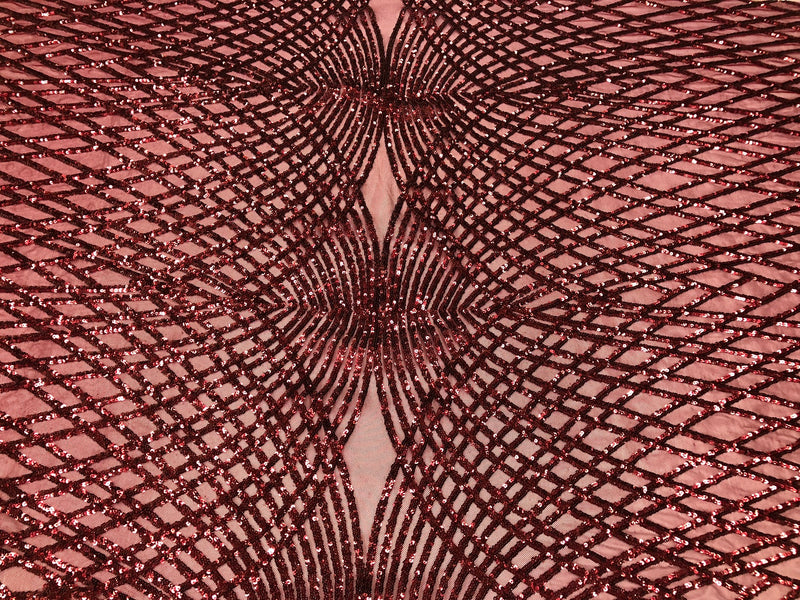 4 Way Stretch Sequins Geometric Fabric Burgundy Lace Mesh Dress Fashion Design Fabrics By The Yard