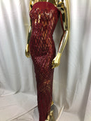 4 Way Stretch Sequins Geometric Fabric Burgundy Lace Mesh Dress Fashion Design Fabrics By The Yard