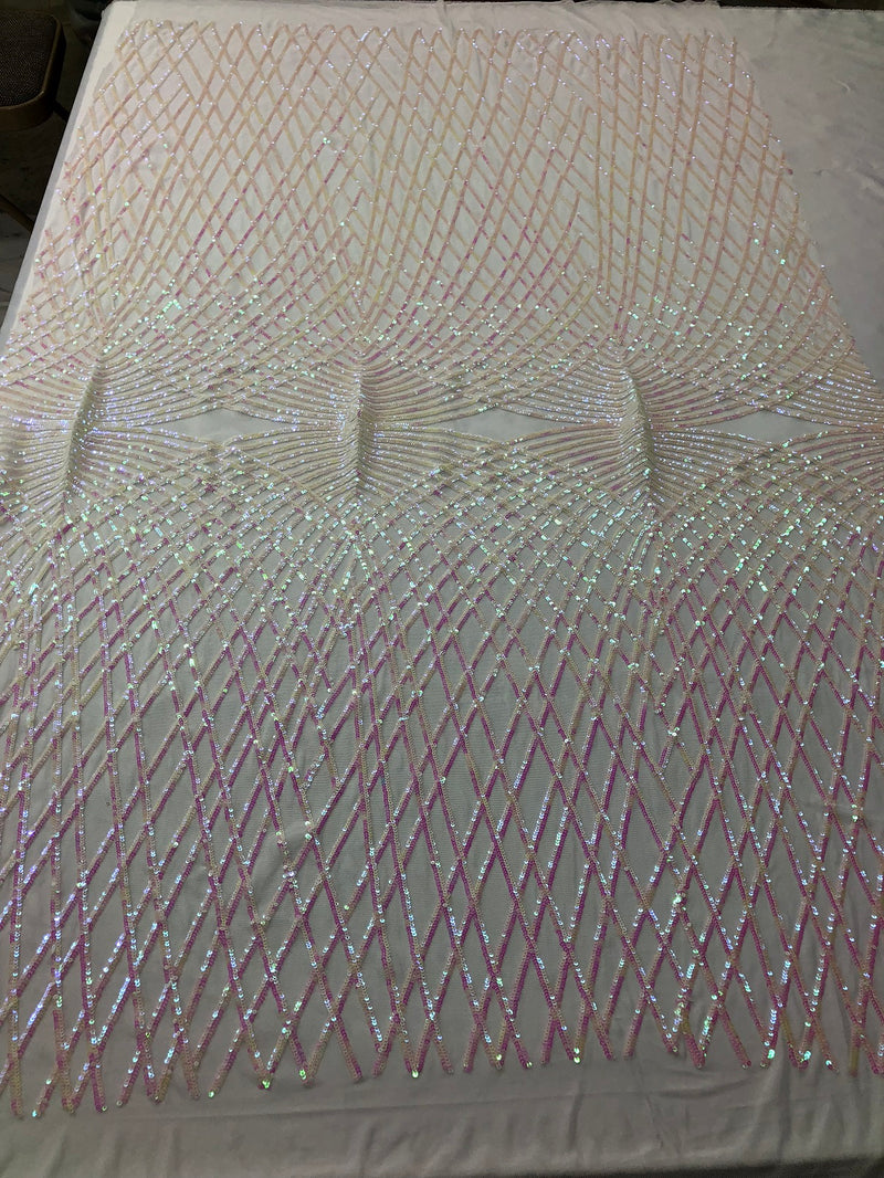 4 Way Stretch Sequins Geometric Fabric Iridescent White Pink Lace Mesh Dress Fashion By The Yard