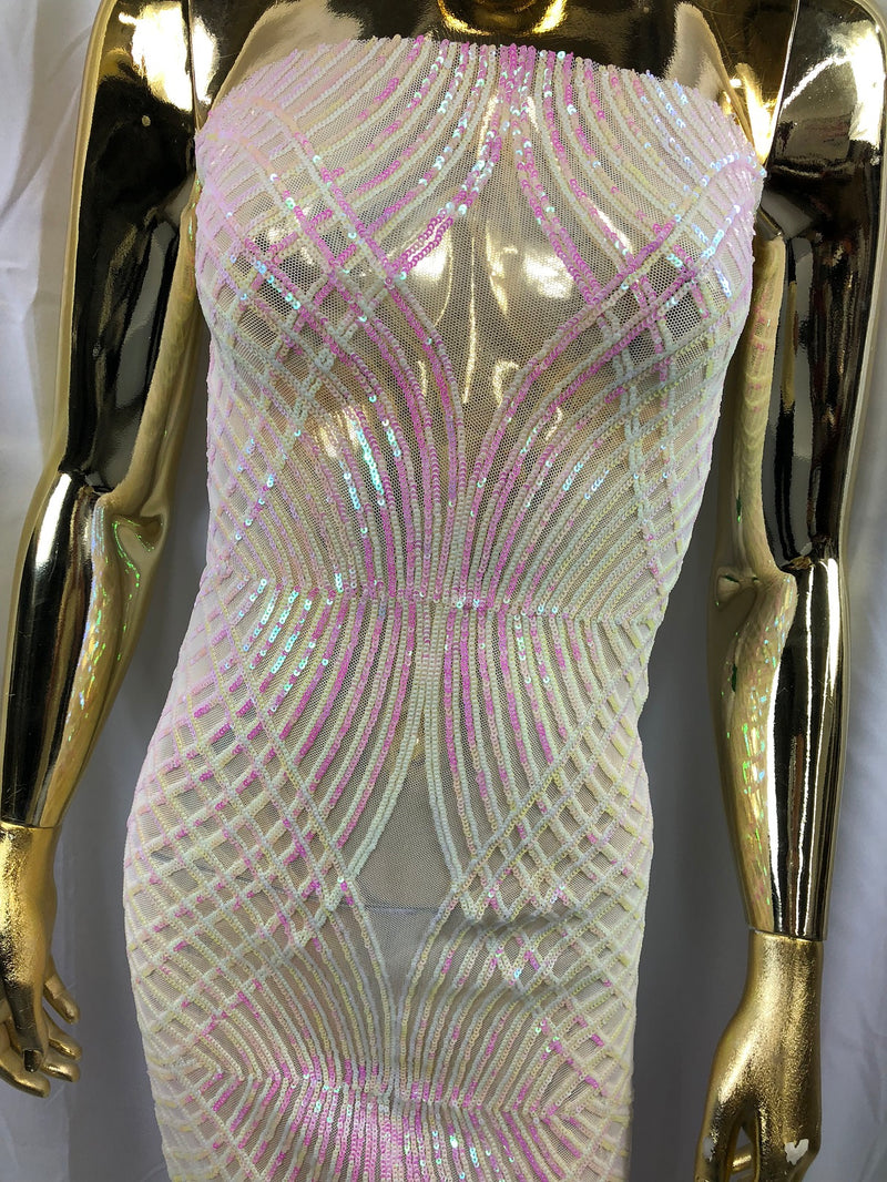 4 Way Stretch Sequins Geometric Fabric Iridescent White Pink Lace Mesh Dress Fashion By The Yard