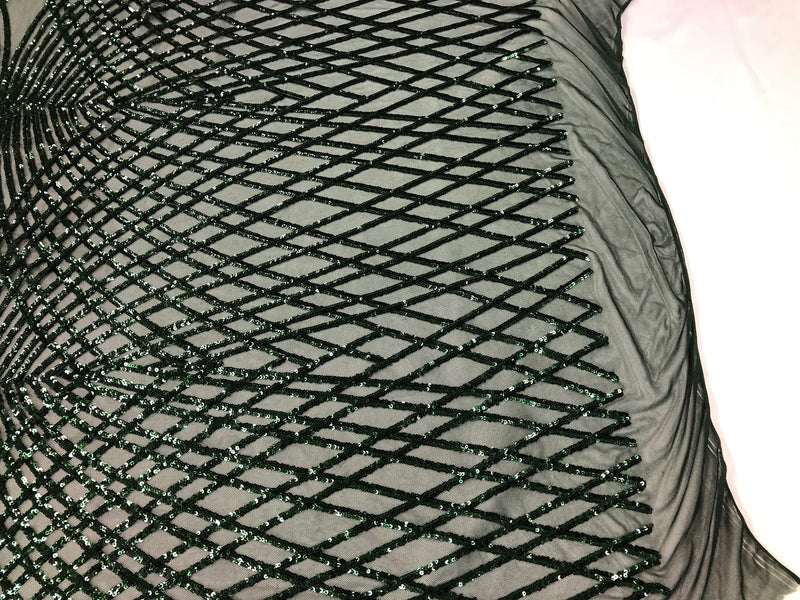 4 Way Stretch  Sequins Geometric Fabric Hunter Green Lace Mesh Dress Fashion By The Yard