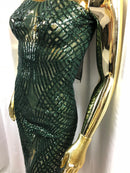 4 Way Stretch  Sequins Geometric Fabric Hunter Green Lace Mesh Dress Fashion By The Yard