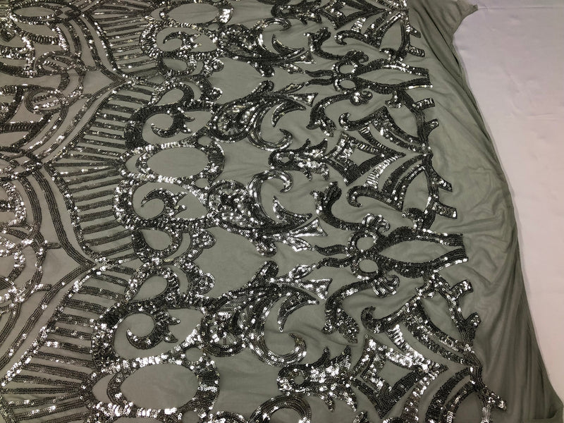 Silver on Black Mesh - 4 Way Stretch Embroidered Royalty Sequins Design Fabric By Yard