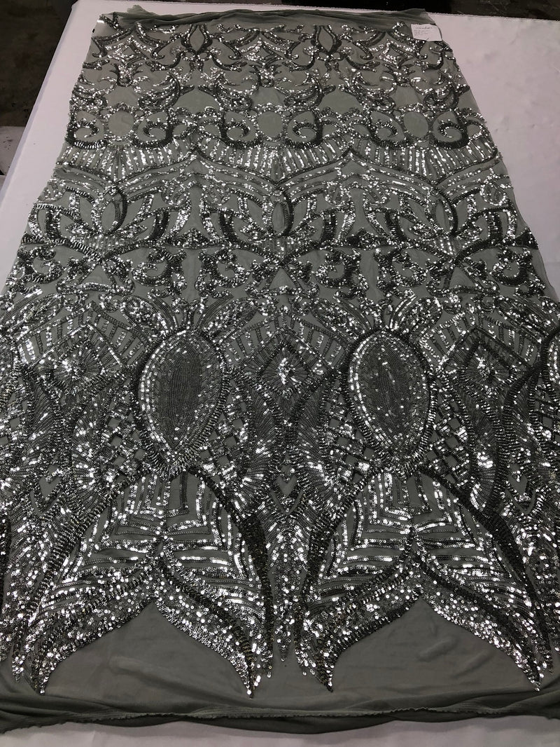 Silver on Black Mesh - 4 Way Stretch Embroidered Royalty Sequins Design Fabric By Yard