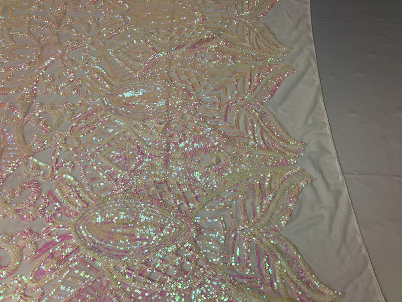Iridescent White Pink  - 4 Way Stretch Embroidered Royalty Sequins Fancy Design Fabric By Yard