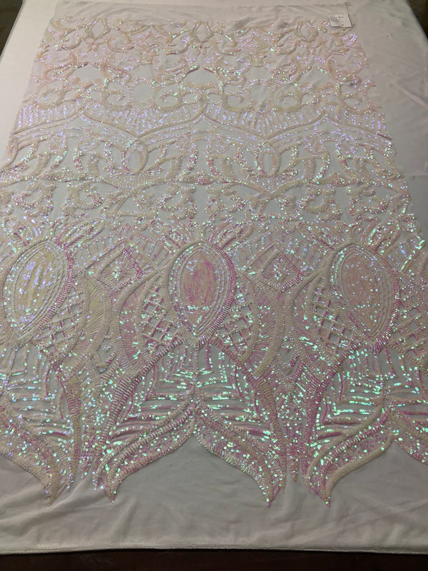 Iridescent White Pink  - 4 Way Stretch Embroidered Royalty Sequins Fancy Design Fabric By Yard