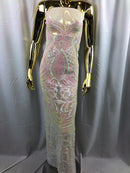 Iridescent White Pink  - 4 Way Stretch Embroidered Royalty Sequins Fancy Design Fabric By Yard