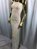 Iridescent White Pink  - 4 Way Stretch Embroidered Royalty Sequins Fancy Design Fabric By Yard