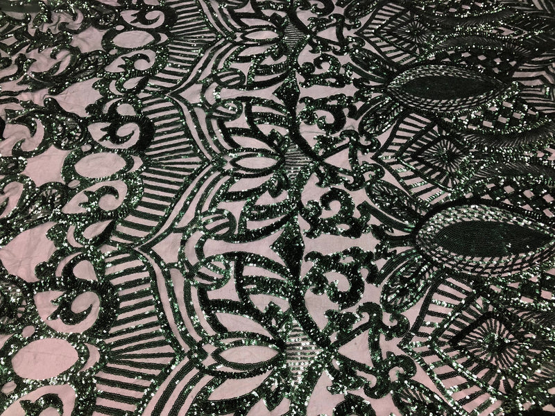 Hunter Green  - 4 Way Stretch Embroidered Royalty Sequins Design Fabric By Yard