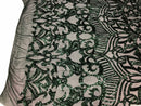 Hunter Green  - 4 Way Stretch Embroidered Royalty Sequins Design Fabric By Yard
