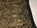 Gold on Black Sequin - 4 Way Stretch Embroidered Royalty Sequins Fancy Design Fabric By Yard
