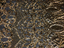 Gold on Black Sequin - 4 Way Stretch Embroidered Royalty Sequins Fancy Design Fabric By Yard